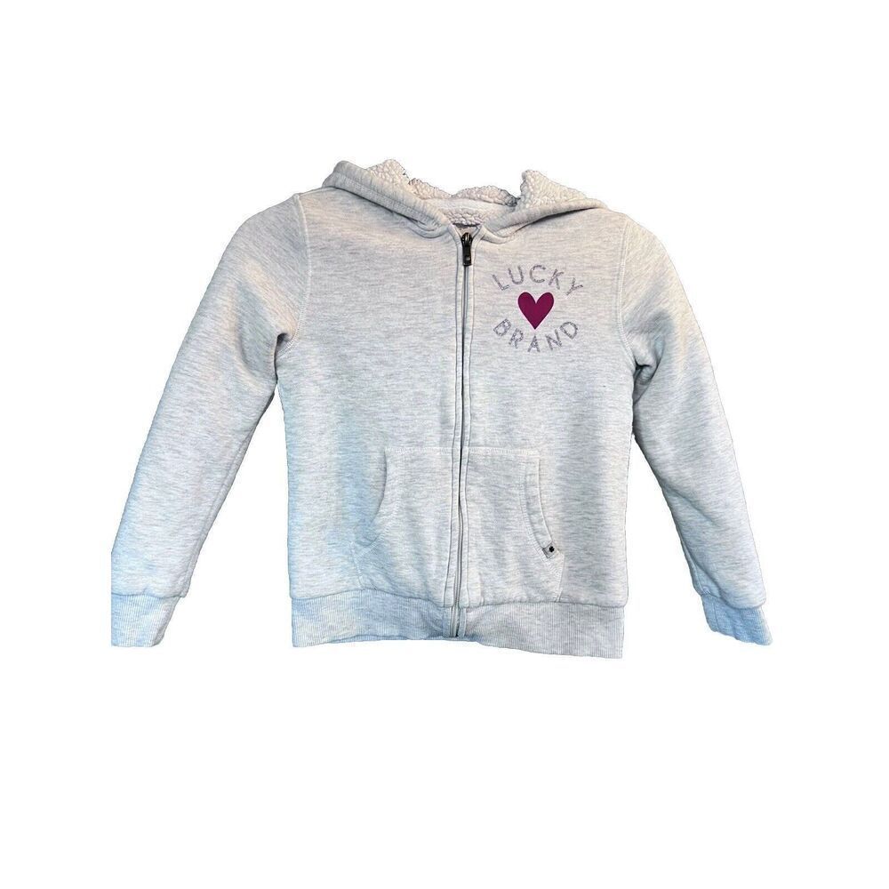 Lucky Brand Full Zip Hoodie Girls Fleece Sherpa Lined Gray Heart Size Small 7/8